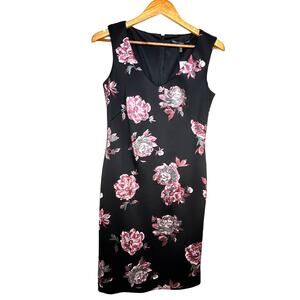 White House Black Market Black Floral Scuba Sheath Dress Size 4 Cocktail Party